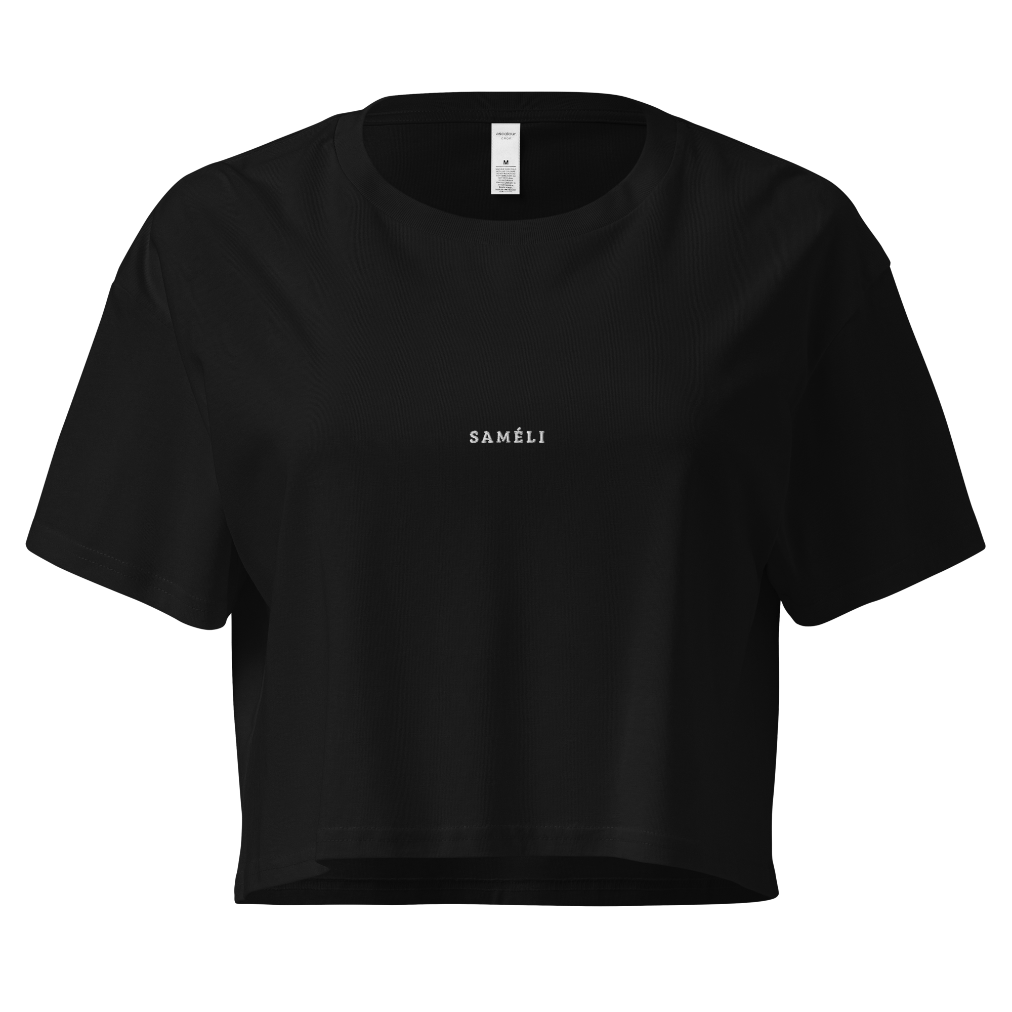 Premium Recyceltes Langarm Crop Top in black with SAMÉLI logo, perfect for sustainable fashion enthusiasts.
